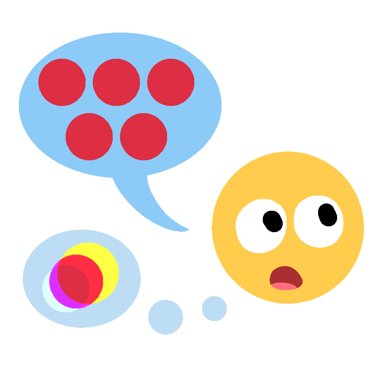 an emoji-yellow face saying a word repeatedly, represented by a speech bubble with five red dots in it. a thought bubble shows that they're thinking about another red dot, this one with a glitchy effect on it